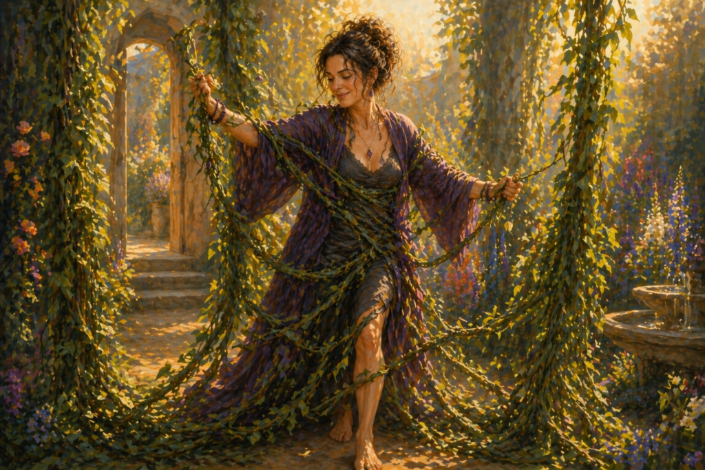 A woman extricates herself from the vines representing fear, self-doubt, and a harsh inner critic as she becomes safe space.