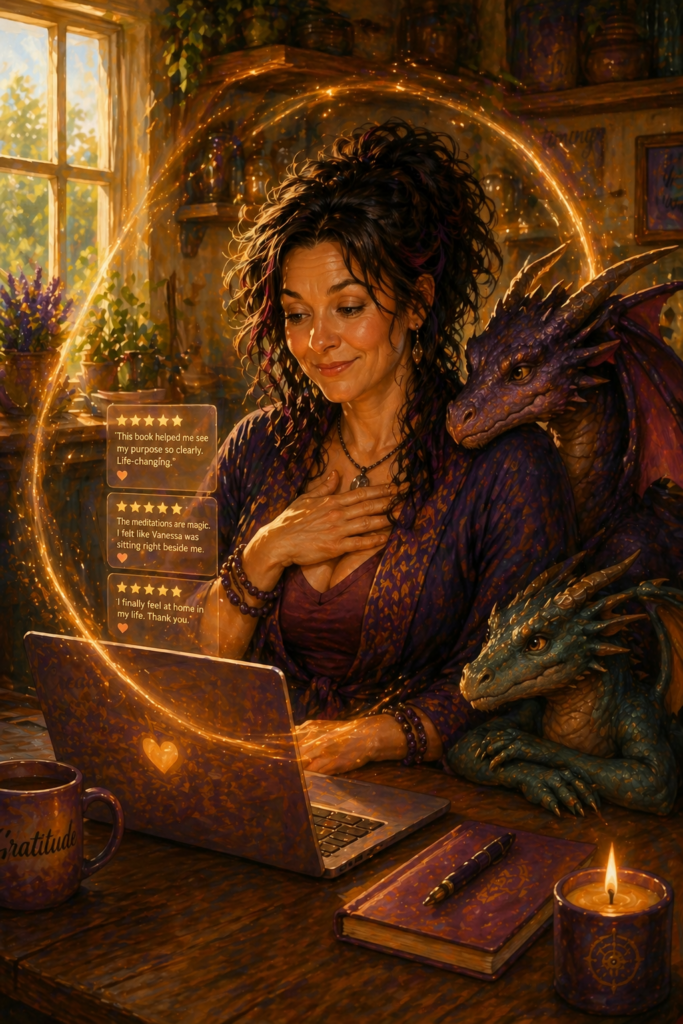A midlife woman and her dragons read the 5-star reviews and receive completion energy from her book, Discovering Your Passionate Purpose.