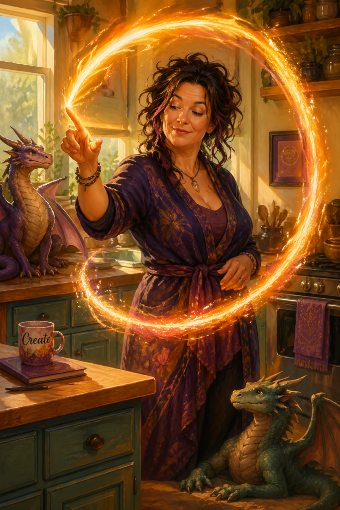 A midlife woman draws a magical completion loop from fire energy.
