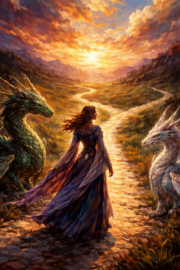 A midlife woman dressed in royal robes arrives at a bifurcation point. Which path will she and her two dragons take?