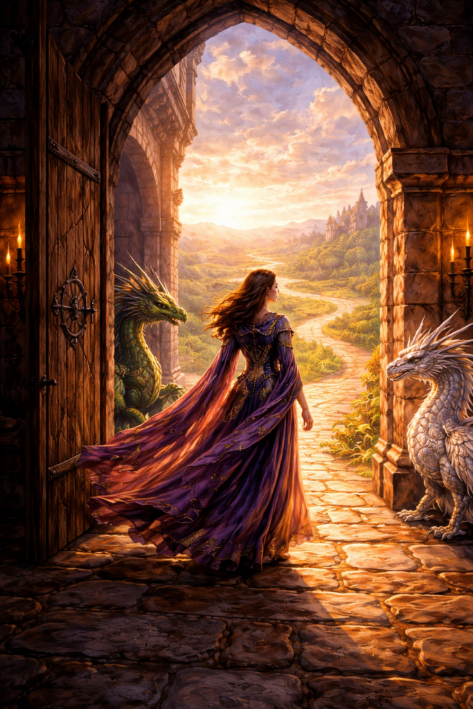 A woman leaves the comfort of what is know and sets out on her path, accompanied by two dragons. There is a bifurcation point off in the distance.