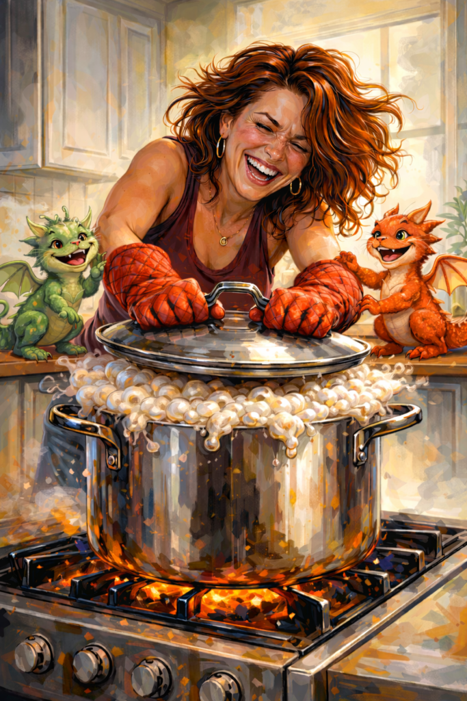 A laughing midlife woman tries to keep the lid on a pot that is boiling over. Her dragons cheer her on. This is her unique change process.