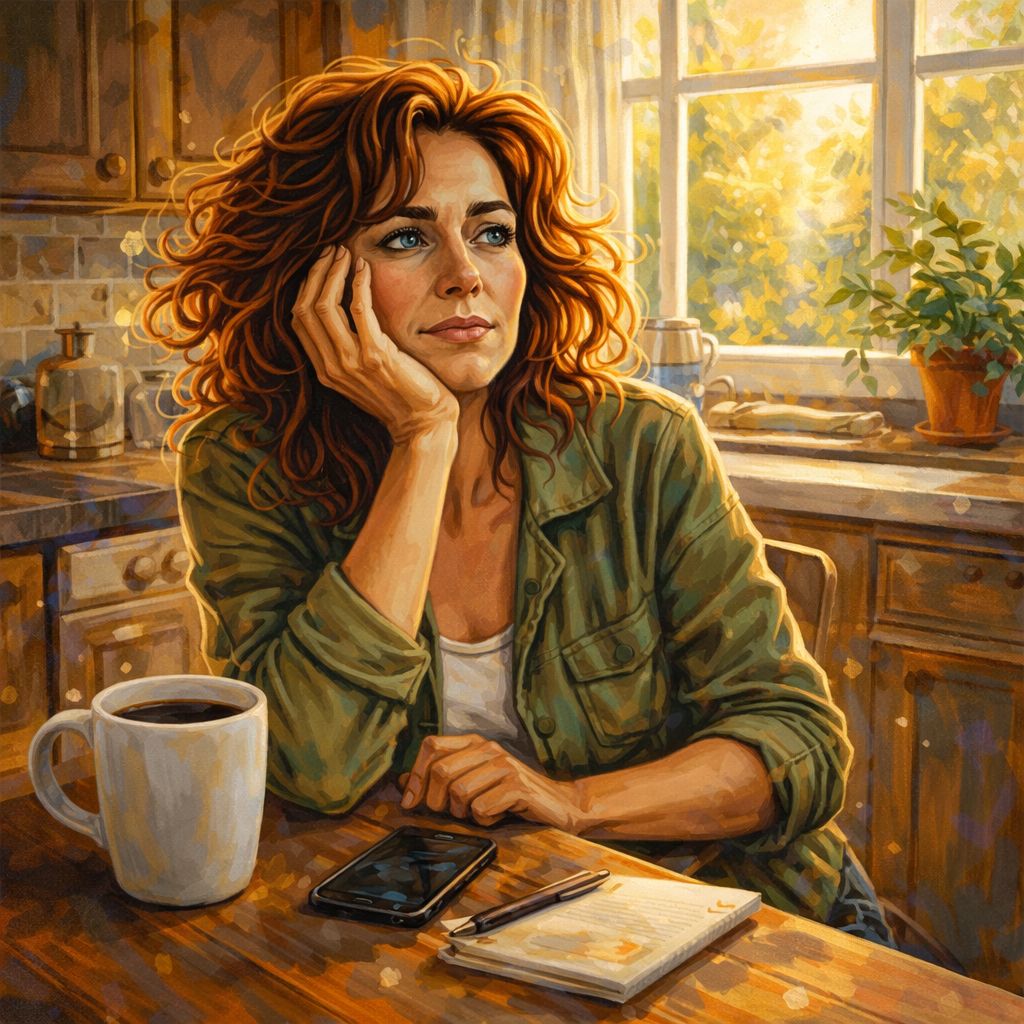 A midlife woman sits in her kitchen at the beginning of her unique change process. She realizes the anger is building in her because something is not right.