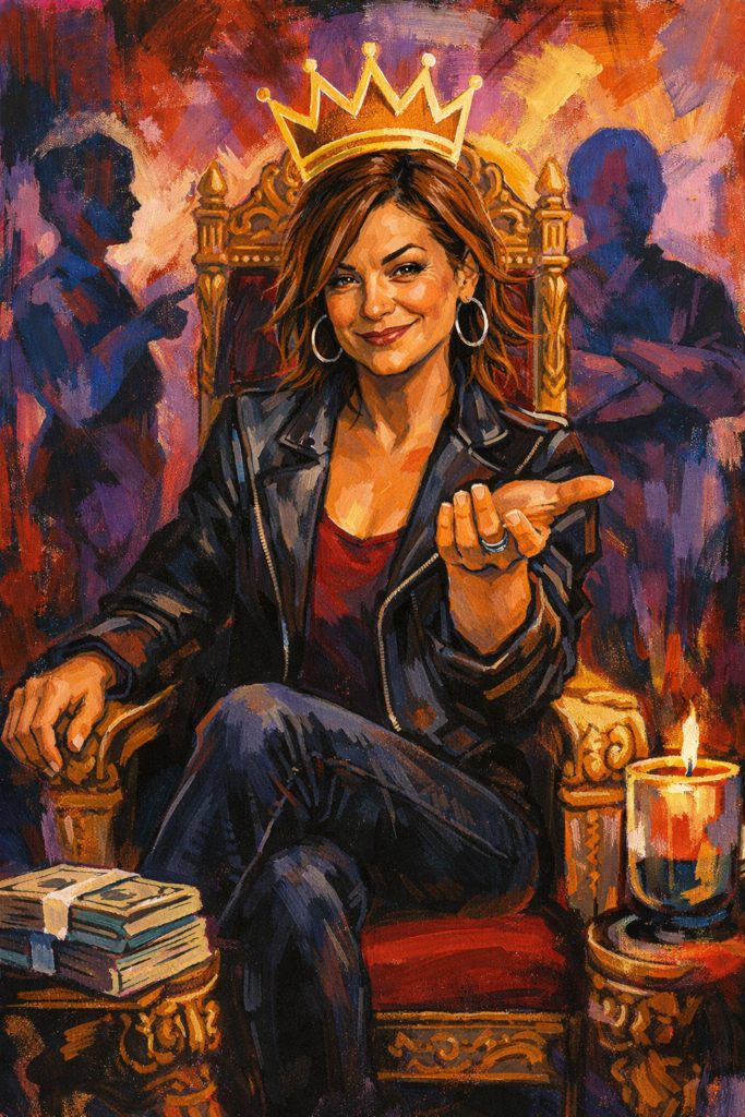 A poised midlife woman wears her crown and sits on her throne. She is confident in her Self and in the salary she commands.