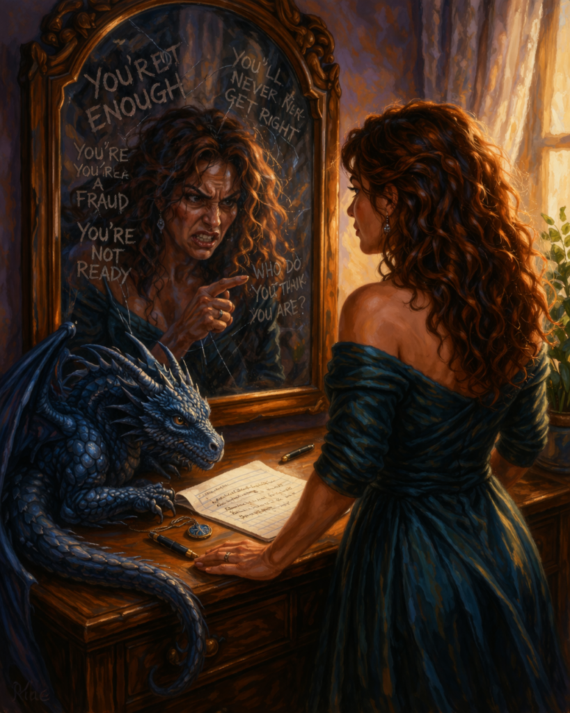 A woman sees her inner Mean Girl in the mirror as she prepares to write her Compassion Letter.