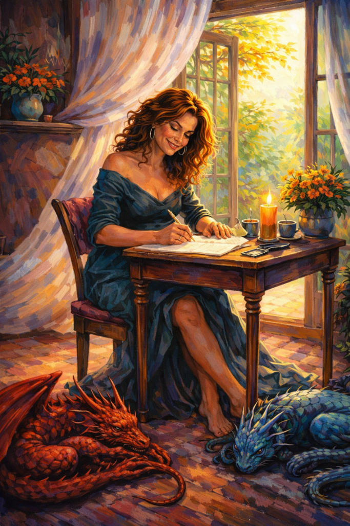 A powerful midlife woman sits at her desk and writes a compassion letter to her present day Self from her Future Self.