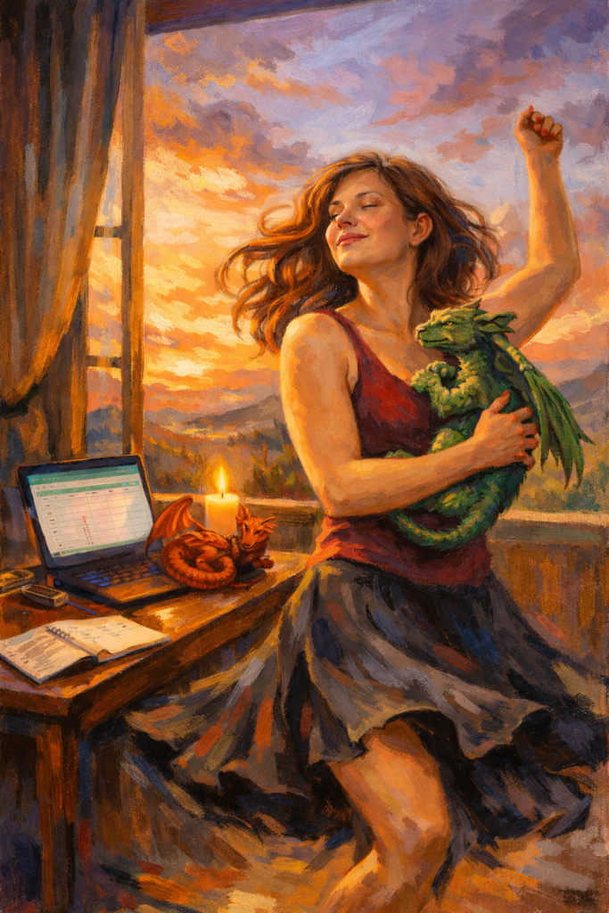 A woman dances for joy with her dragons in front of her money spreadsheets. She doesn't hide from her numbers and so she has joy.