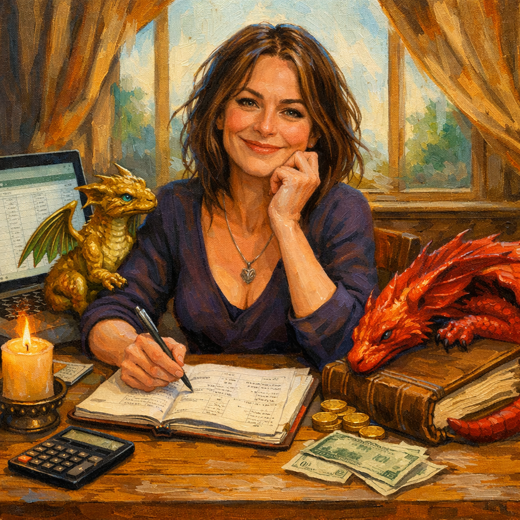 A midlife woman and her dragons look at her money and make plans for a prosperous future.