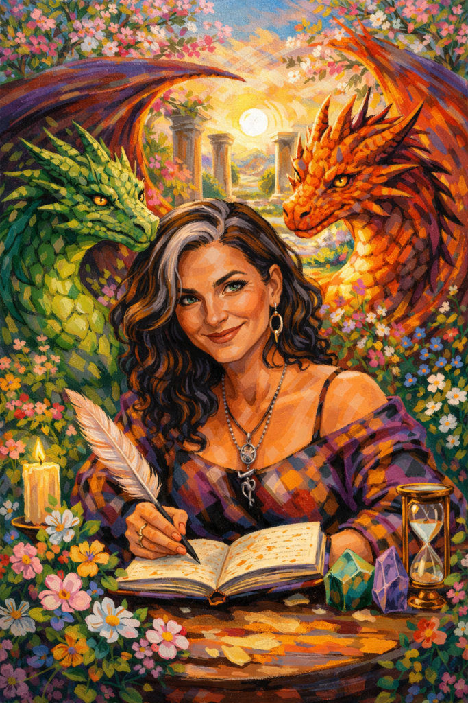 A contented midlife woman writes her goals for the Spring Quarter, watched over by her dragons.