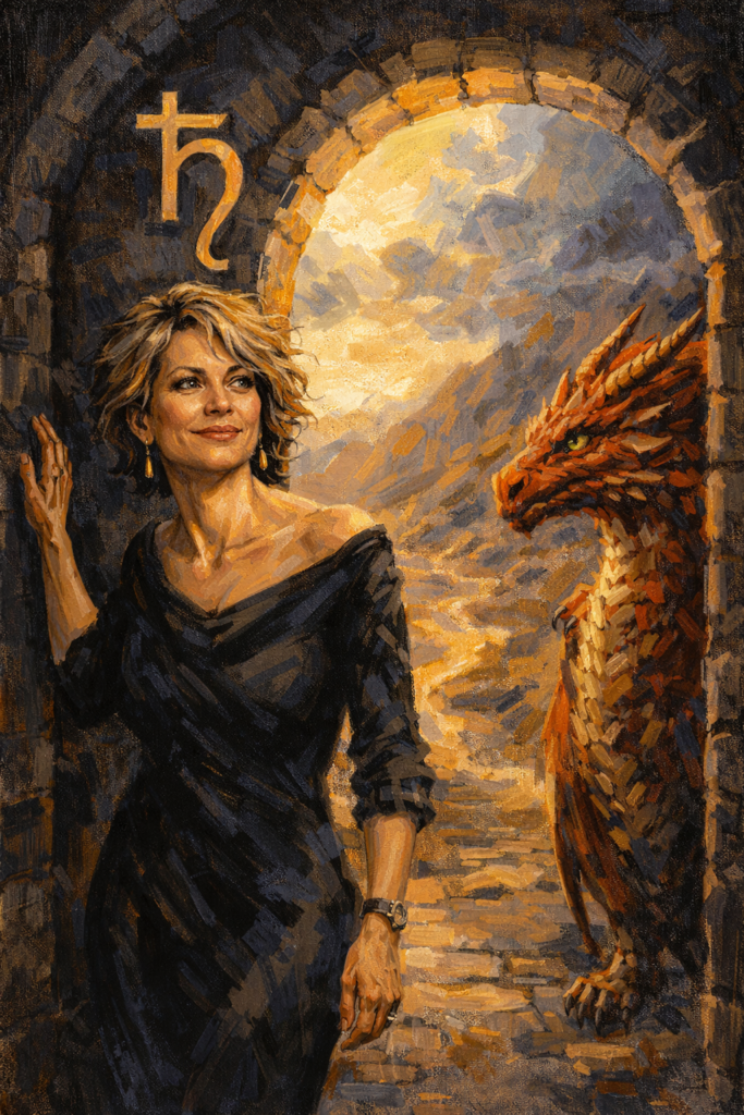 A midlife woman ventures through the sacred portal of her Second Saturn Return, her dragon in attendance.