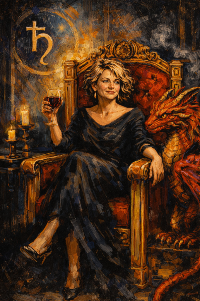 A midlife woman on her throne because she has claimed her Sovereign era in her Second Saturn Return.