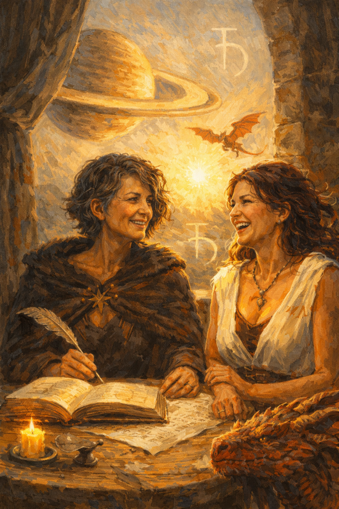 Saturn and a midlife woman laughing at how good her life is as a dragon flies outside the window and they write in the Book of Life.