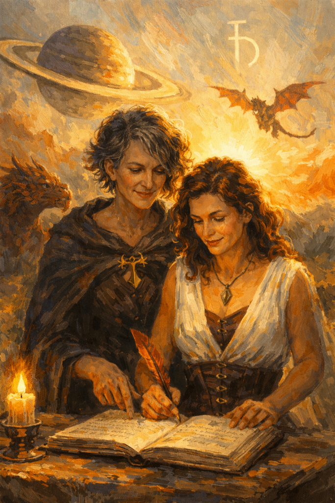 When we let her, Saturn will help us to create the life we desire. This image shows Saturn helping a midlife woman script her dreams.