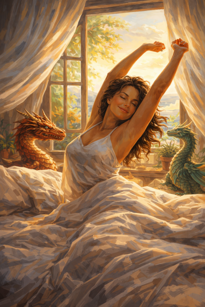 A midlife woman wakes up and stretches in front of her window as her dragons patiently wait for her to get up. She has embodied intuition and it serves her well.