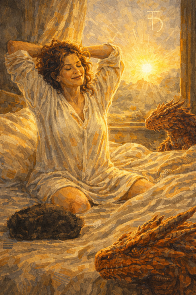 Woman waking and stretching and feeling luscious because her life is aligned with enough Saturn that it is sustainably beautiful.