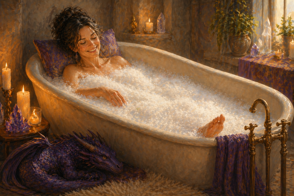 A midlife woman enjoys soaking in her bathtub, enjoying the feeling of being safe space for her Self.