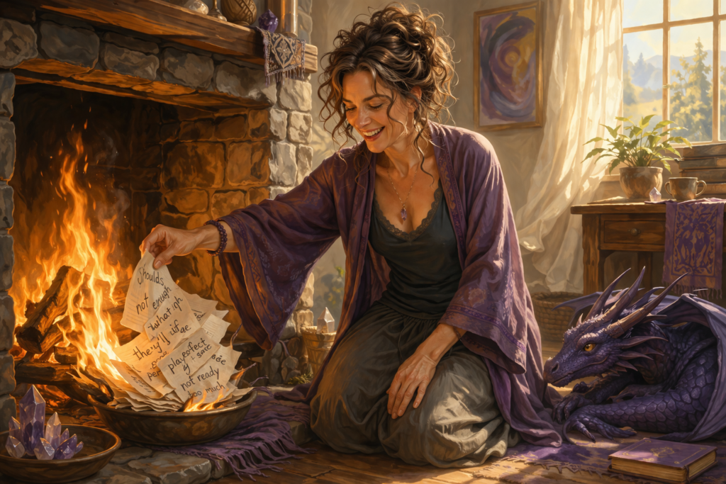 A woman burns away her voices of fear, so that she can hear the voices of love.