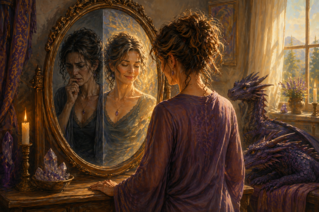 A woman looks in the mirror and see both the voices of fear and the voices of intuition.