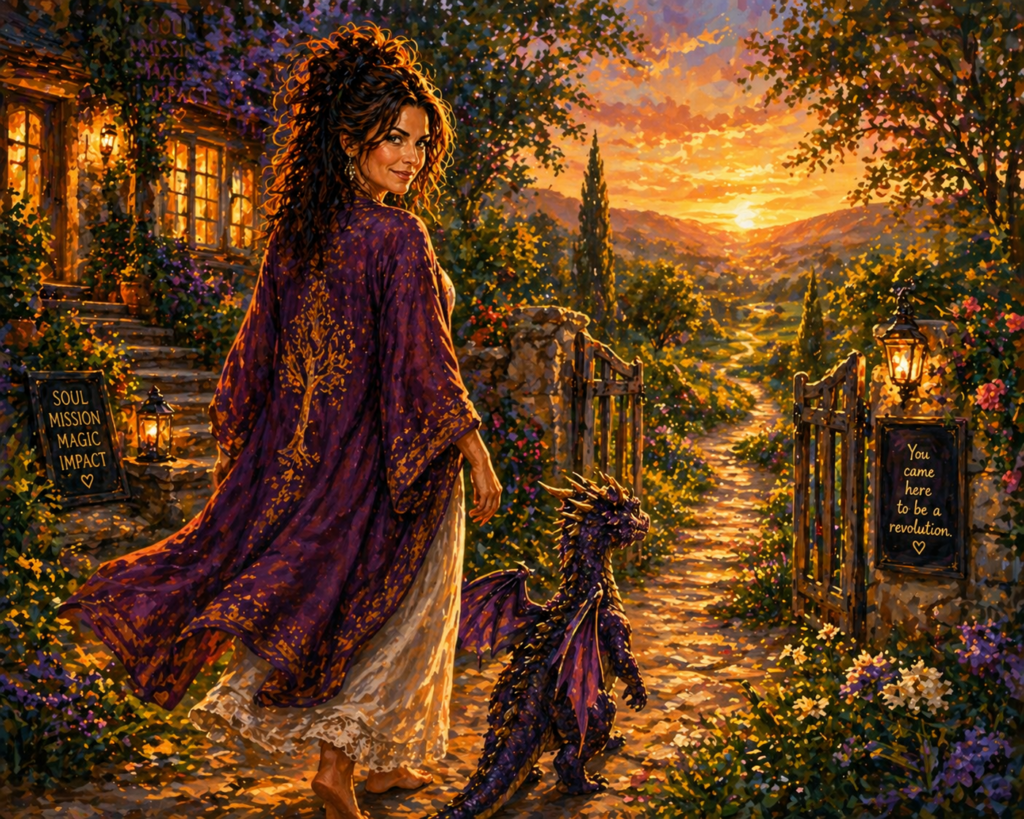 A midlife woman take a walk through her beautiful garden at sunset, celebrating that she knows her Soul Mission, because of Discovering Your Passionate Purpose.