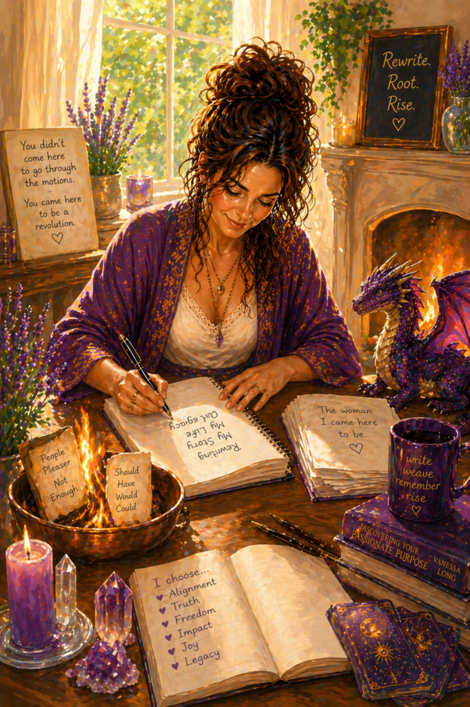 A gorgeous midlife woman does her journaling by the fire while her dragon looks on.