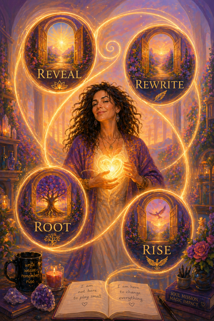 A gorgeous midlife woman is surrounded by the 4R's of VisionWeaver: Reveal. Rewrite. Root. And Rise.