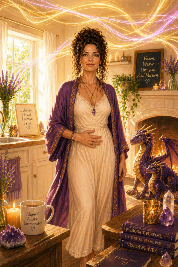 A gorgeous midlife woman enjoys the morning light and energies of VisionWeaver and living her Soul Mission.