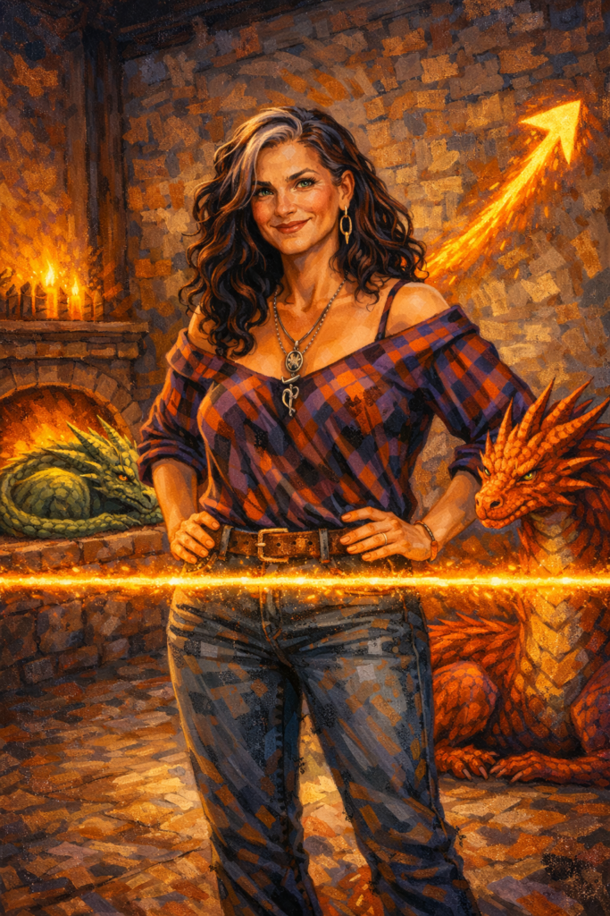 This image shows a beautiful midlife woman, and her two dragons, living above the line in Soul Mission.