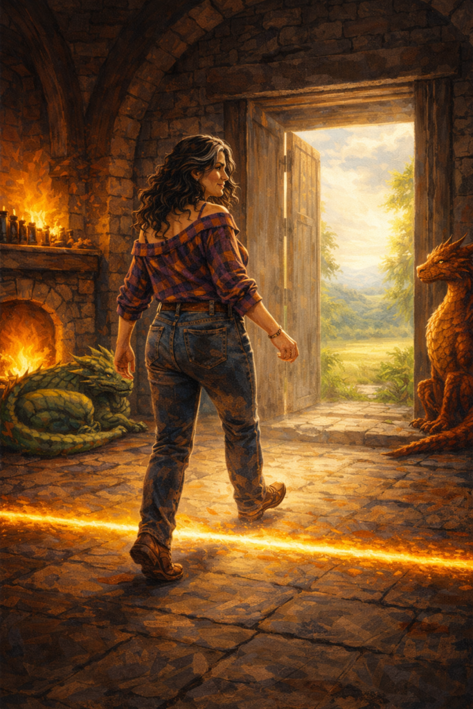 Our gorgeous midlife woman steps across the line of consensus reality, deciding that she is good enough and is living her Soul Mission.