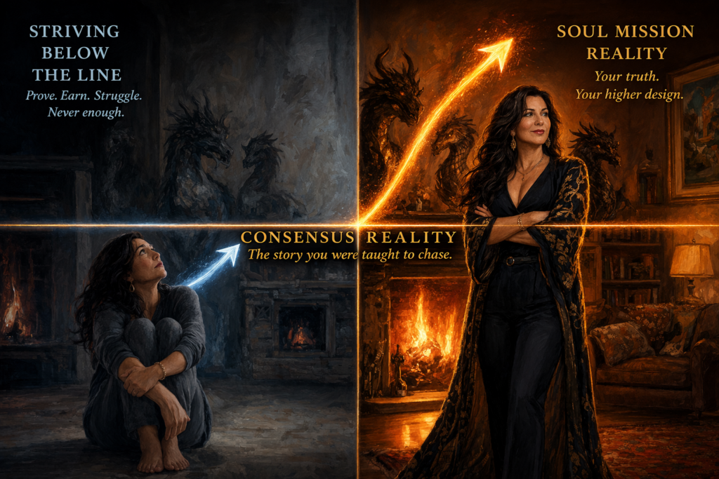 This image contrasts our gorgeous midlife woman living below the line trying to be good enough for consensus reality vs living above the line in her Soul Mission and truth.