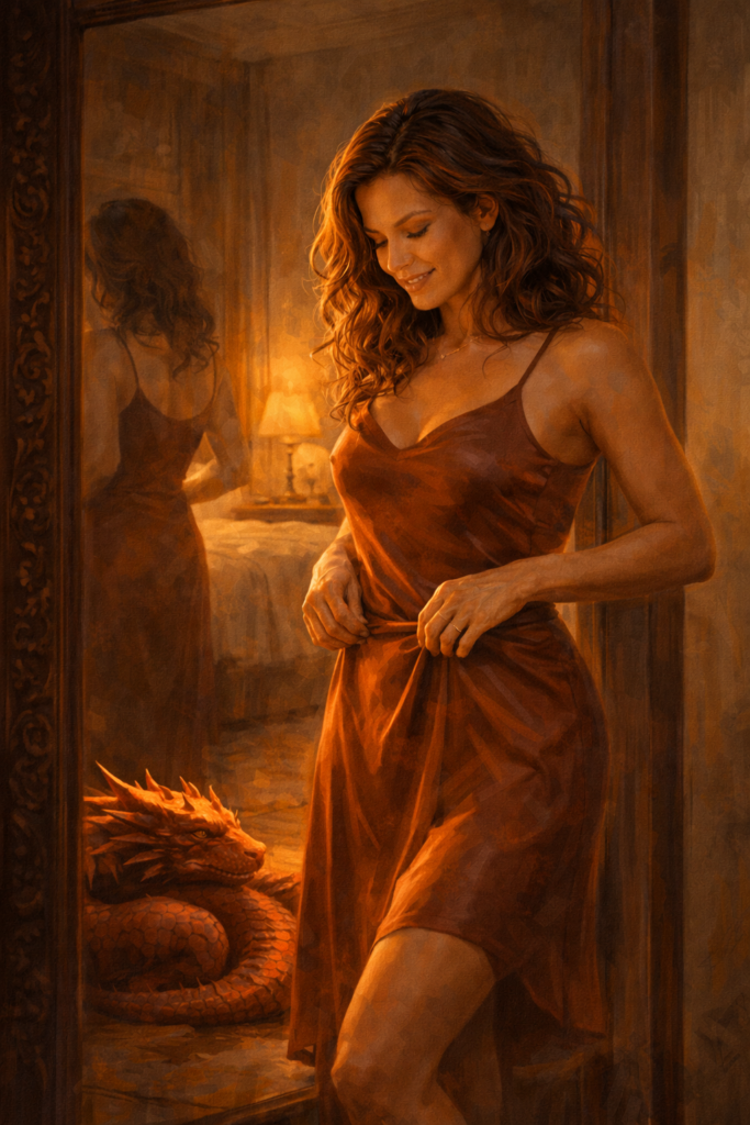A midlife woman enjoys her reflection in the mirror, the soft silk of her slip, and the intimacy that always starts within, creating an oxytocin surge.
