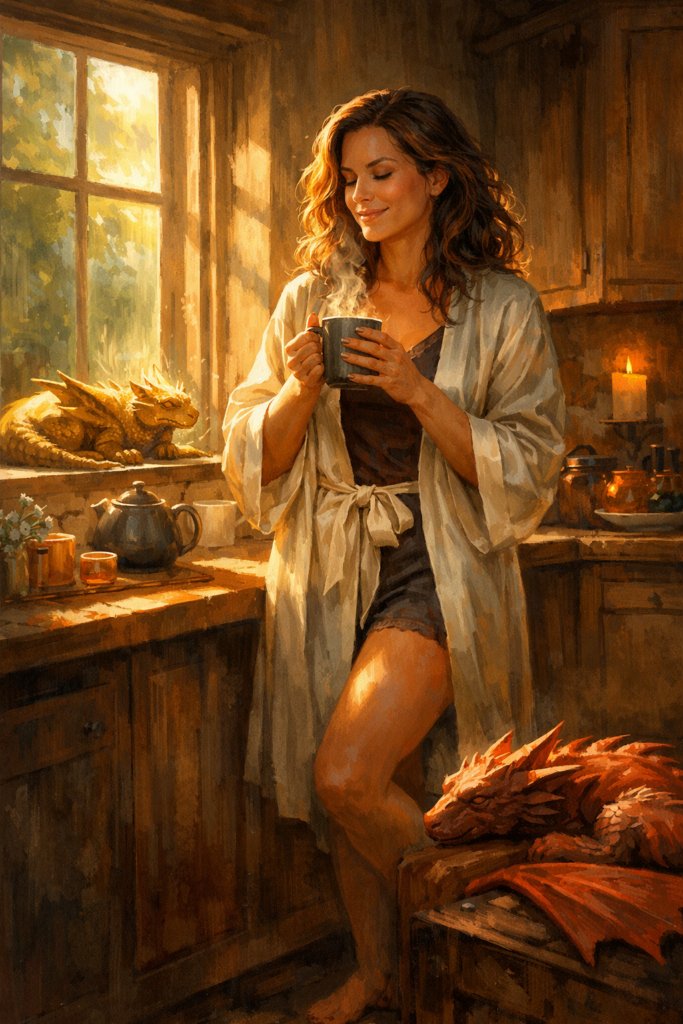 A gorgeous midlife woman activates her Sacral Authority by enjoying her sensuous morning, drinking her tea, burning a candle, and lounging in a sunbeam with her dragons.