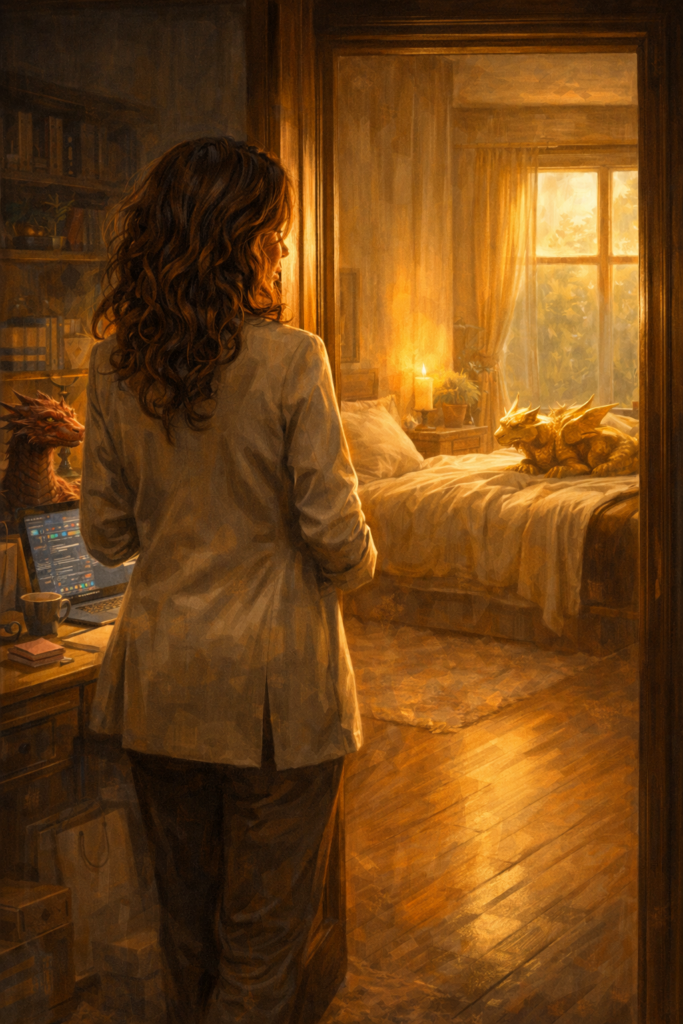 A midlife woman contemplates stepping across the threshold from dopamine hustle to a softer life of oxytocin where sun streams into a beautiful bedroom.