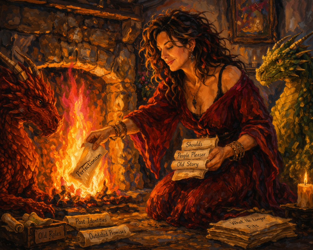A beautiful midlife woman burns old burdens during a completion ritual at her hearth, while her dragons hold magical space.