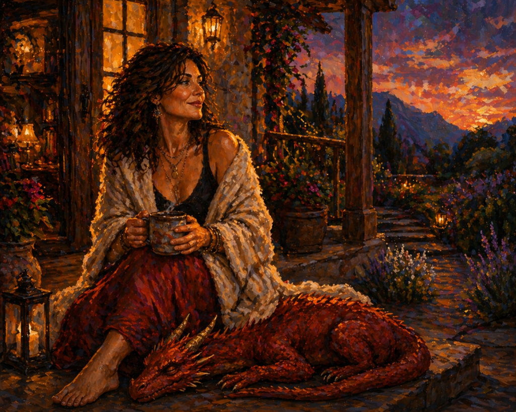A gorgeous midlife woman enjoys a moment of peace and contentment in her garden at sunset while her dragon snuggles.