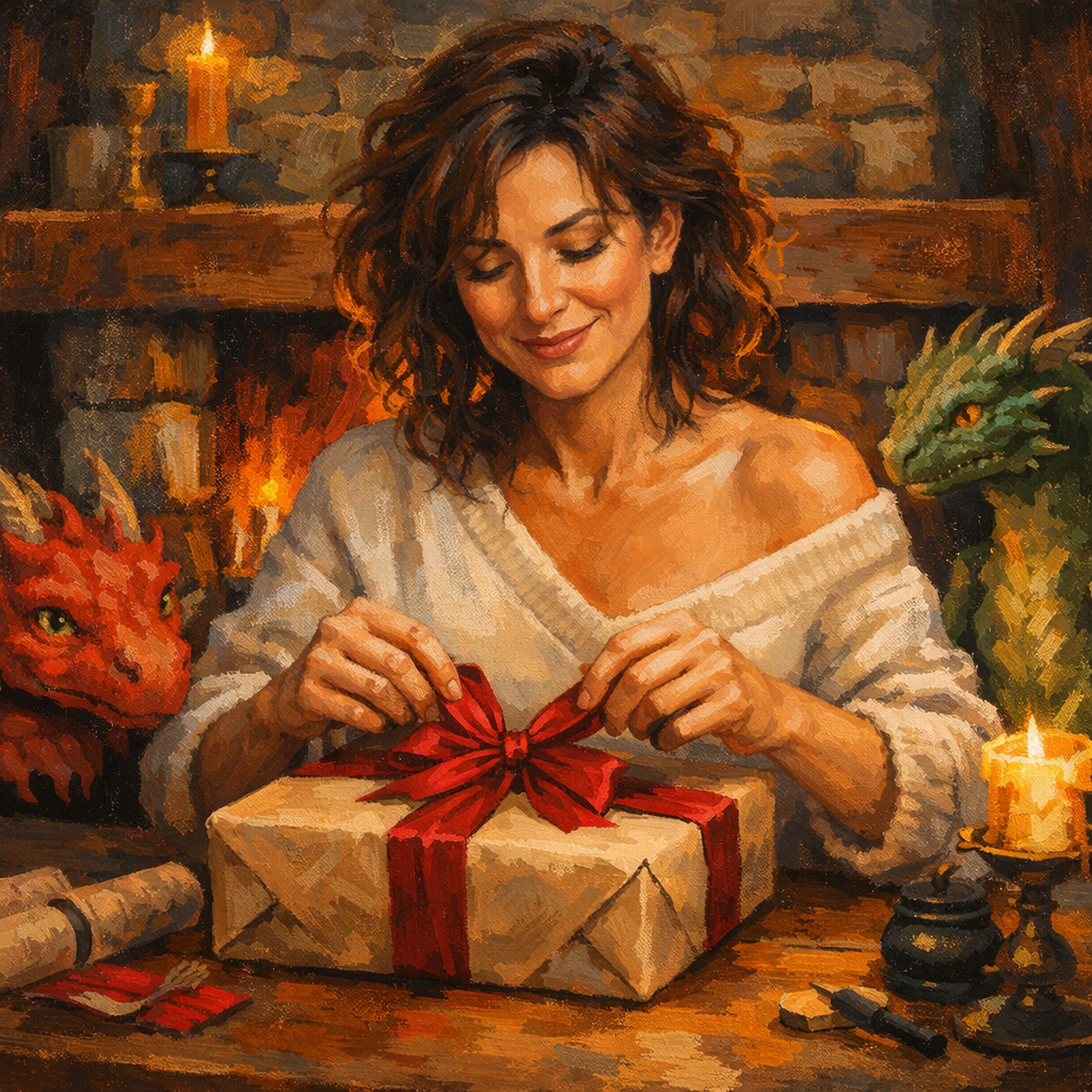 A beautiful midlife woman delights in tying a bow on the package she is wrapping while her dragons look on.