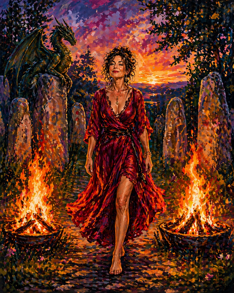 A powerful, receptive woman walks through the Beltane fires in a sacred stone circle while her dragon watches.