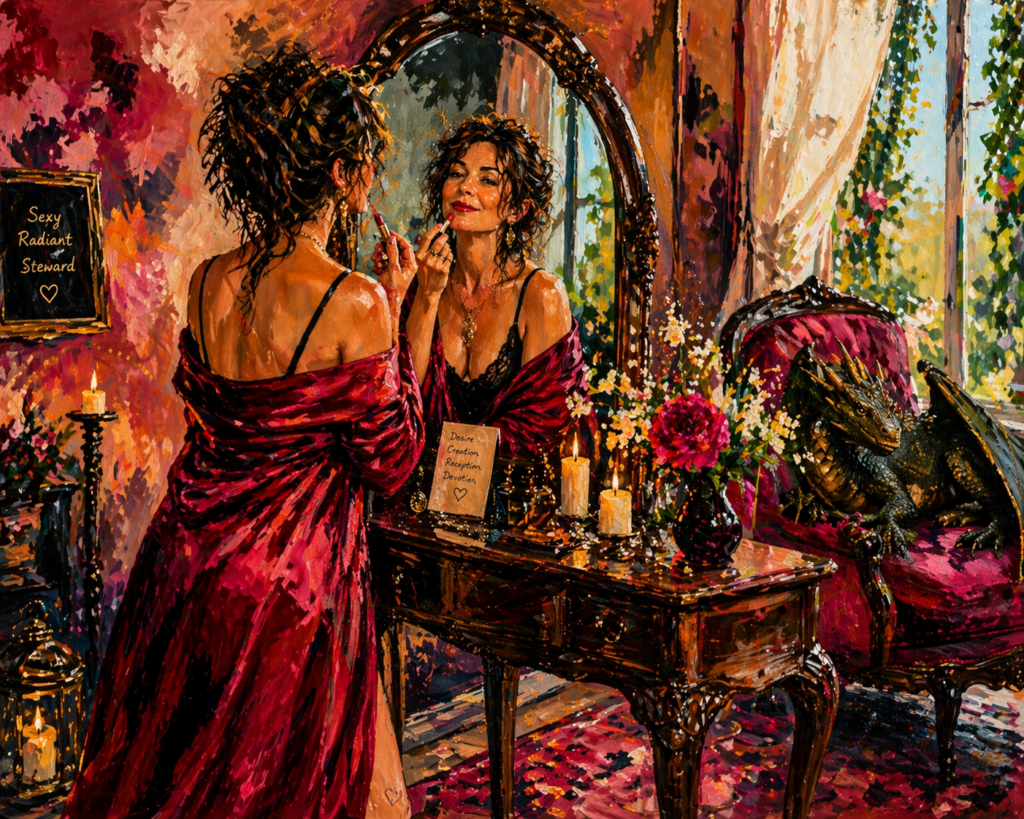 A beautiful midlife woman applies lipstick in her boudoir, feeling the sensuous receptivity of Beltane.