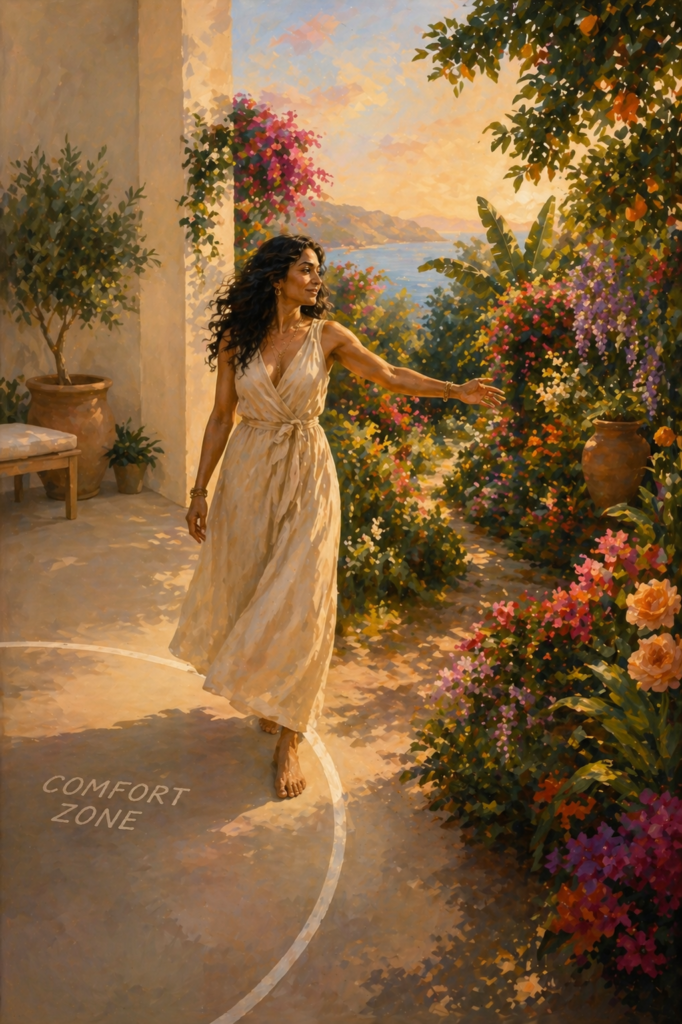 A beautiful midlife woman reaches out of her Comfort zone toward the beautiful garden awaiting her growth and courage.