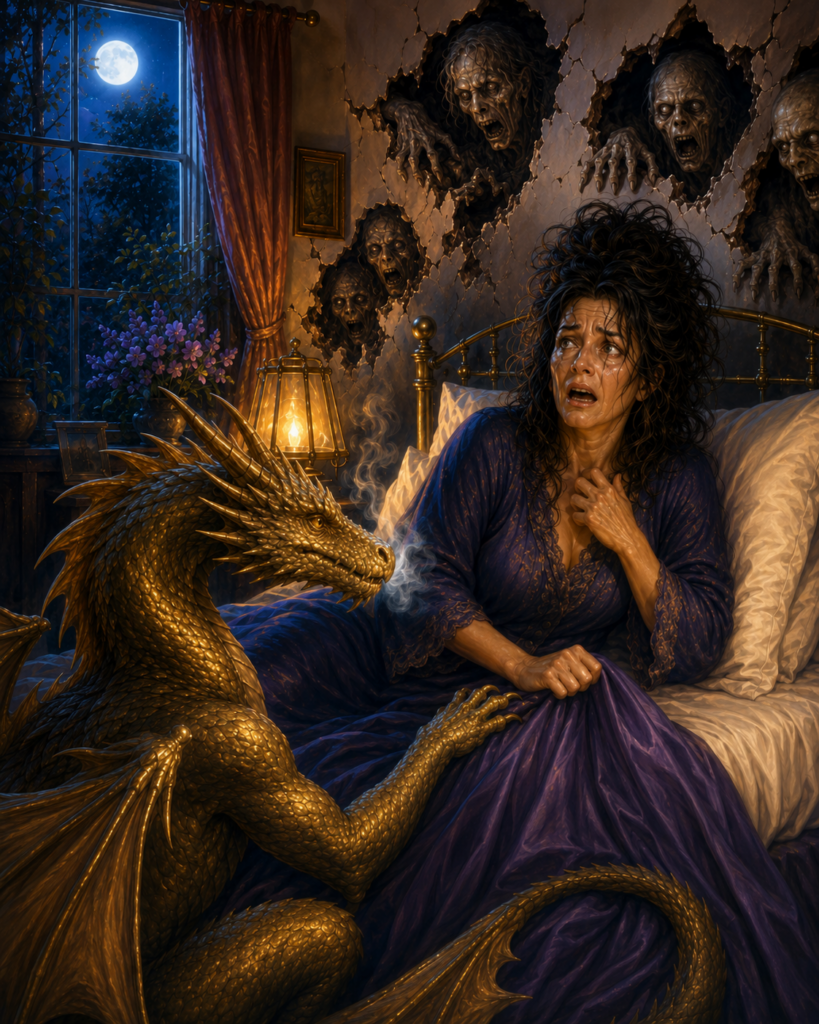 A midlife woman deals with her late night anxiety and perfectionism as dead things chew through the walls.