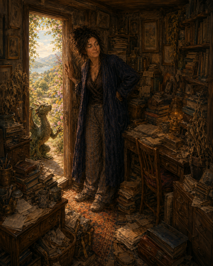 A midlife woman realizes her perfectionism has trapped her in a tiny room of a life. Her dragon asks her to come outside.